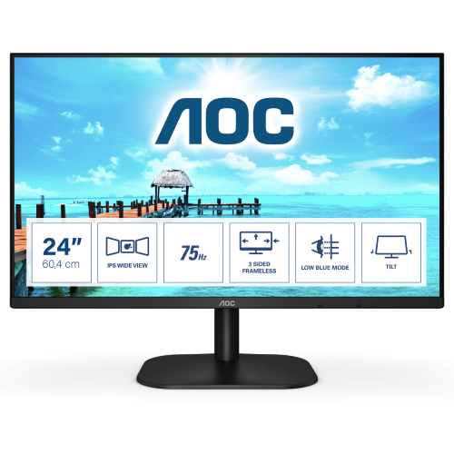 AOC 24B2XH/EU - Monitor a LED - 24" (23.8" visualizzabile) - 1920 x 1080 Full HD (1080p) @ 75 Hz - IPS - 250 cd/m² - 1000:1 - HDMI, VGA - nero